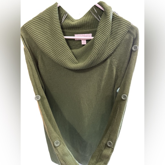 CAROLYN TAYLOR Cowlneck, Button Sleeve, Long Length Sweater, Green - Picture 3 of 11